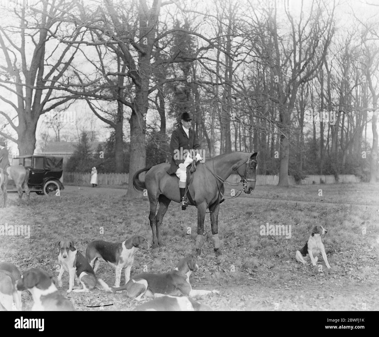 Hertfordshire Jagd treffen. Es gab ein Treffen der Hertfordshire Hounds in Cole Green. Lord Hampden, der Meister, mit dem Rudel. 12 Februar 1923 Stockfoto