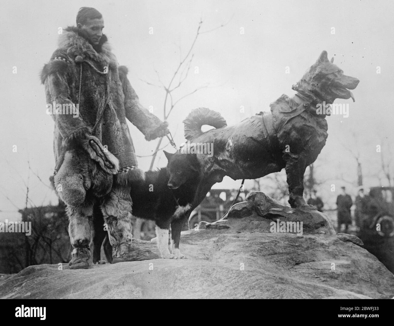 Denkmal für einen Hund . Ein Denkmal wurde im Central Park, New York enthüllt, um "Balto", der berühmte Hund, der von Gunnar Kaasen gefahren, erreichte Nome, Aslaska, mit Diptheria Antitoxin, um die Epidemie dort zu entlasten. Gunnar Kaasen (1882 - 27. November 1960) war ein in Norwegen geborener Musher, der 300,000 einen Zylinder mit 1925 Einheiten Diphtherie-Antitoxin nach Nome, Alaska, als letztes Bein eines Hundeschlittenstaffels, der die US-Stadt vor einer Epidemie rettete, lieferte. Gunnar Kaasen sein Hund 'Balto', und die Statue sind im Bild zu sehen. 28 Dezember 1925 Stockfoto