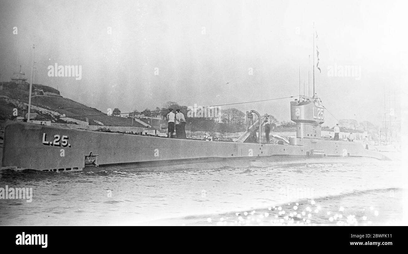 U-Boot verloren . Admiralty berichtet, dass die U-Boot L24 bei der Ausübung vor Portland in Kollision versenkt wurde, und es wird befürchtet, dass sie mit allen Händen verloren gegangen ist. U-Boot L25, das genau L24 ähnlich ist. 10. Januar 1924 Stockfoto