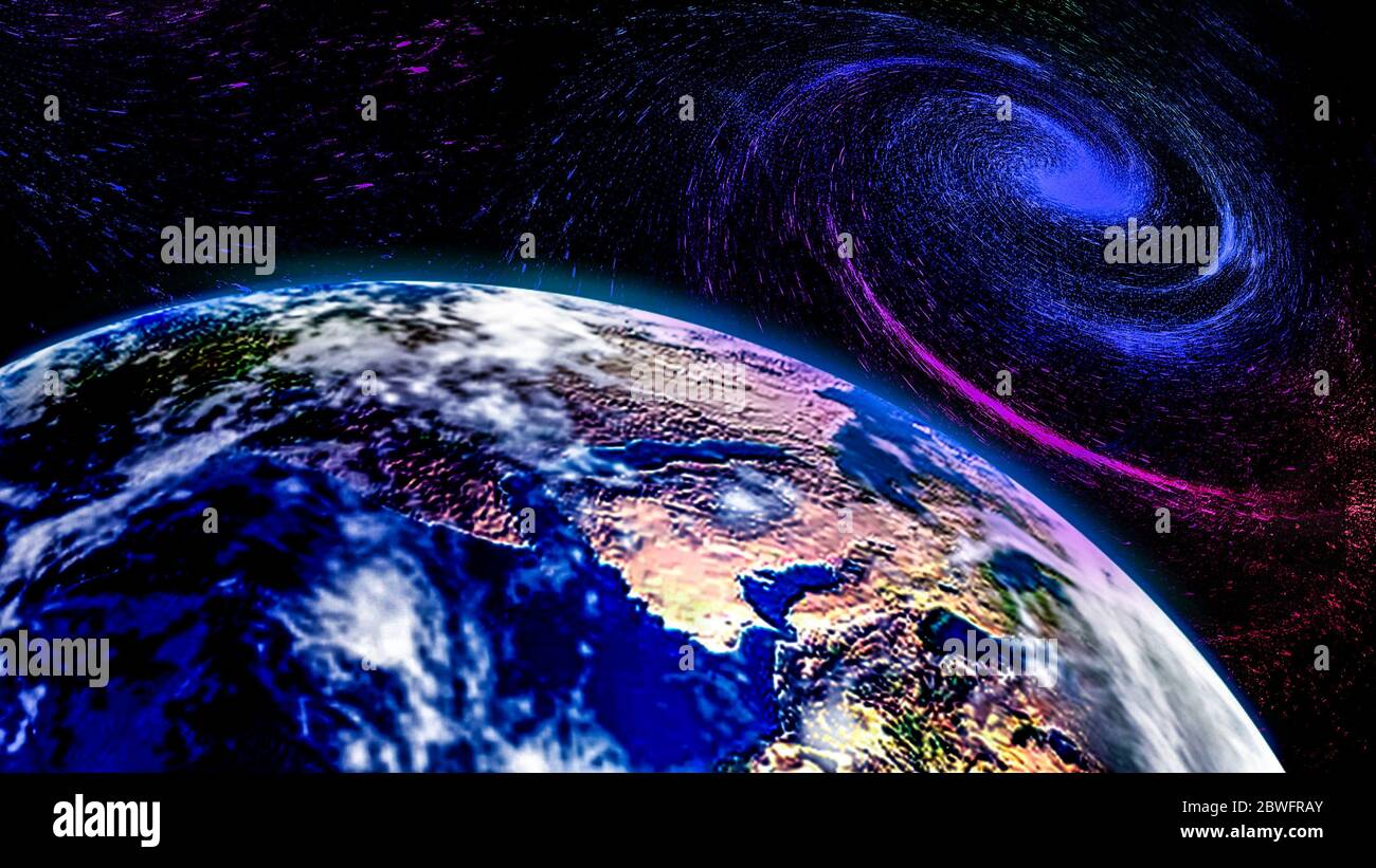 3D-Rendering von Teilen der Erde und des kosmischen Galaxienwirbels. Stockfoto
