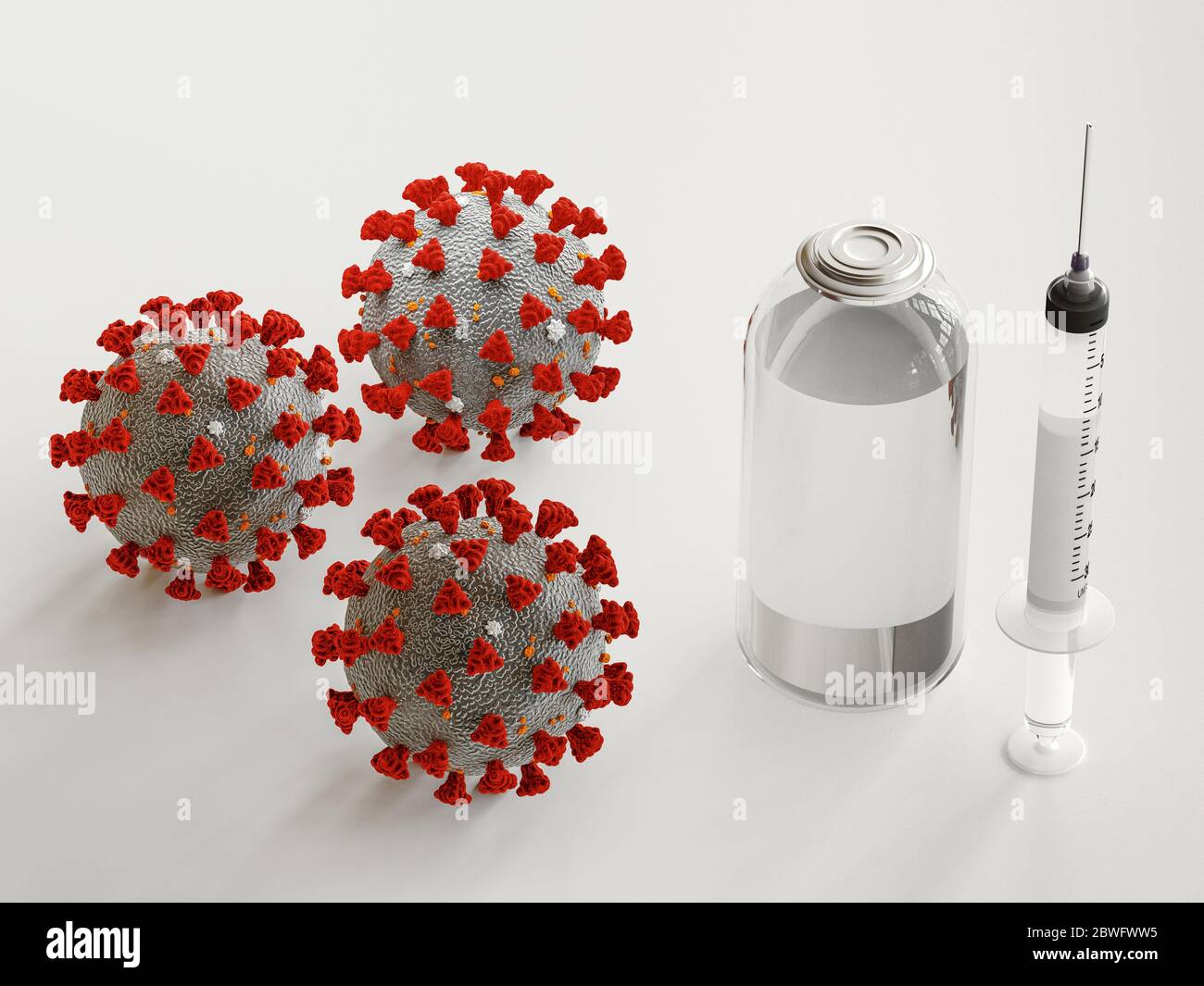 Impfstoff und Spritzenspritze. Es zur Prävention, Immunisierung und Behandlung von Corona-Virus-Infektion. 3d-Rendering Stockfoto