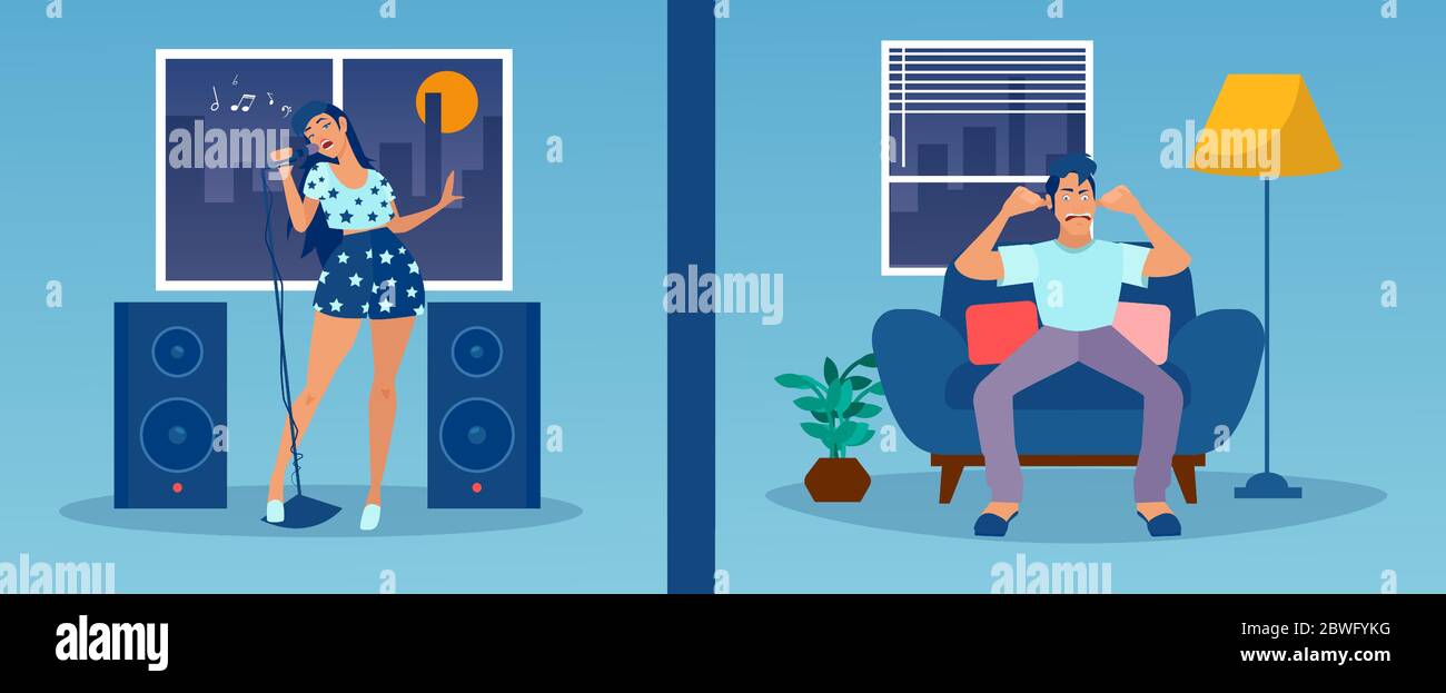 Vektor einer lauten Nachbarin Frau, die Karaoke singt und laute Musik in der Nacht spielt Stock Vektor