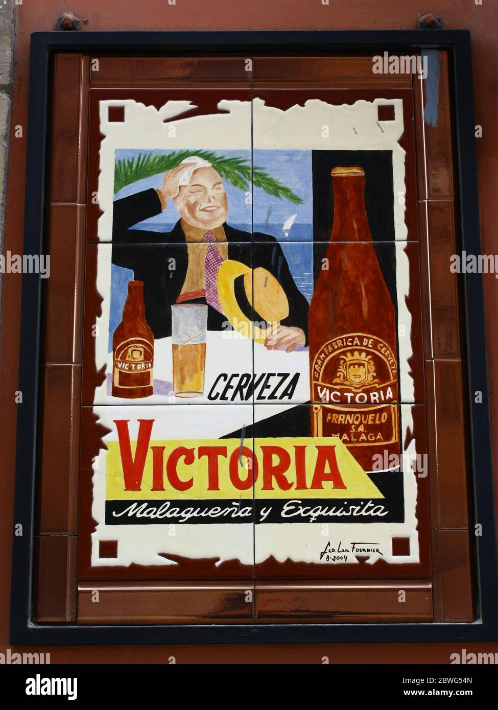 Keramikfliesen für das Victoria Bier von Málaga, Andalusien, Spanien. Stockfoto
