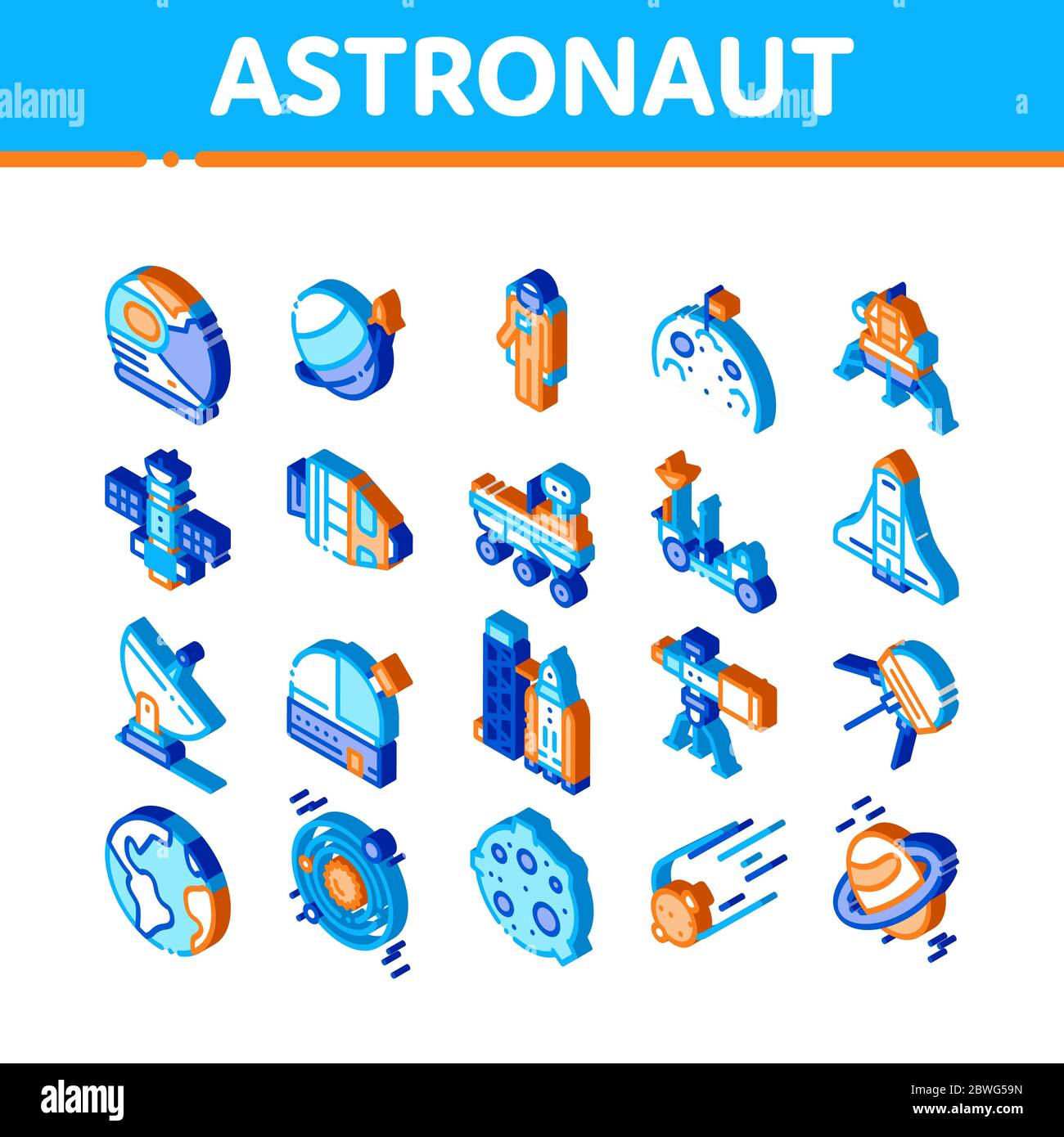 Astronautenausrüstung Isometrische Symbole Set Vector Stock Vektor