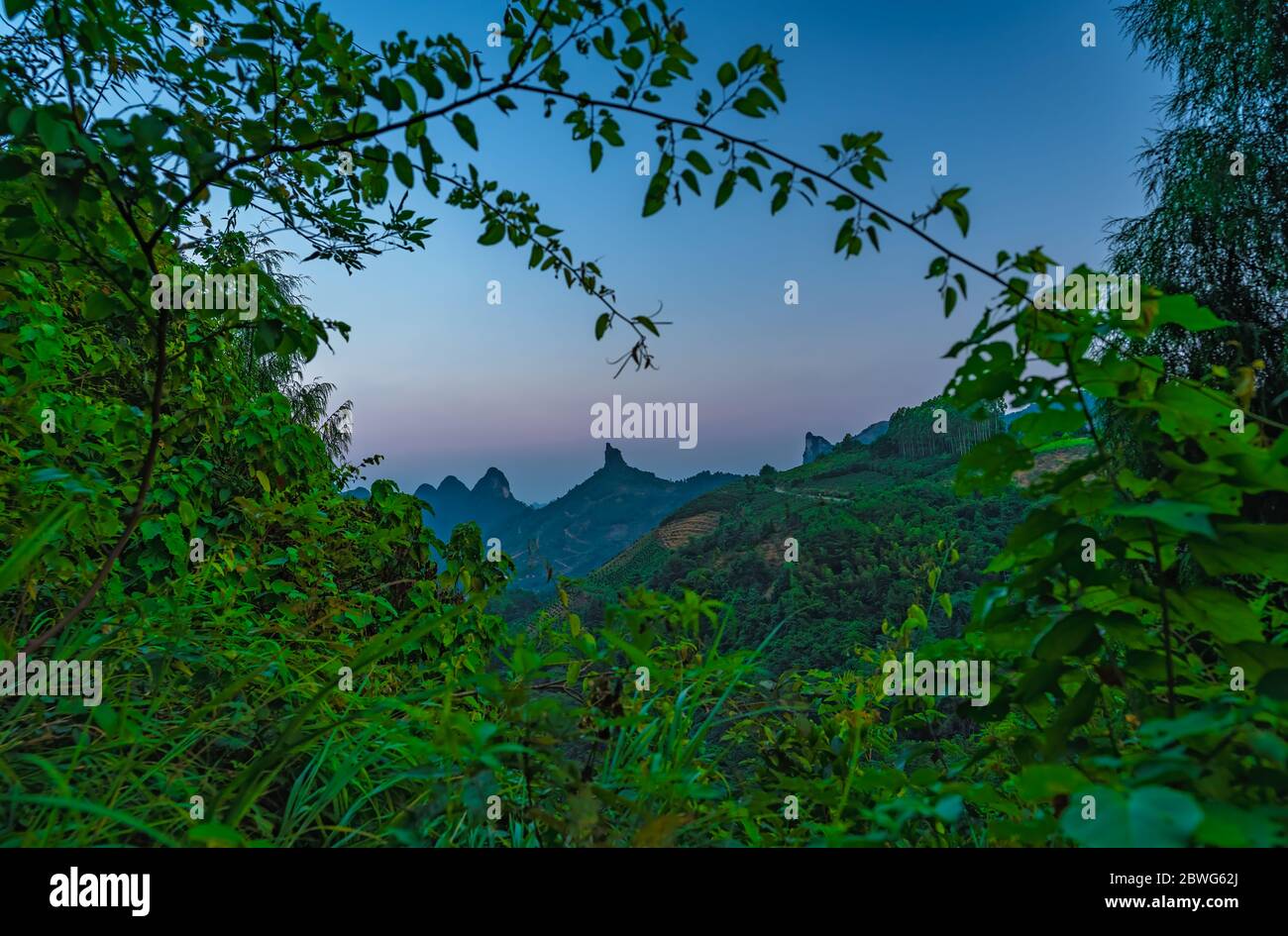 Blick auf den Xianggong Hill Aussichtspunkt auf die wunderschöne grüne, üppige und dichte Karstlandschaft in Yangshuo, Provinz Guangxi, China Stockfoto
