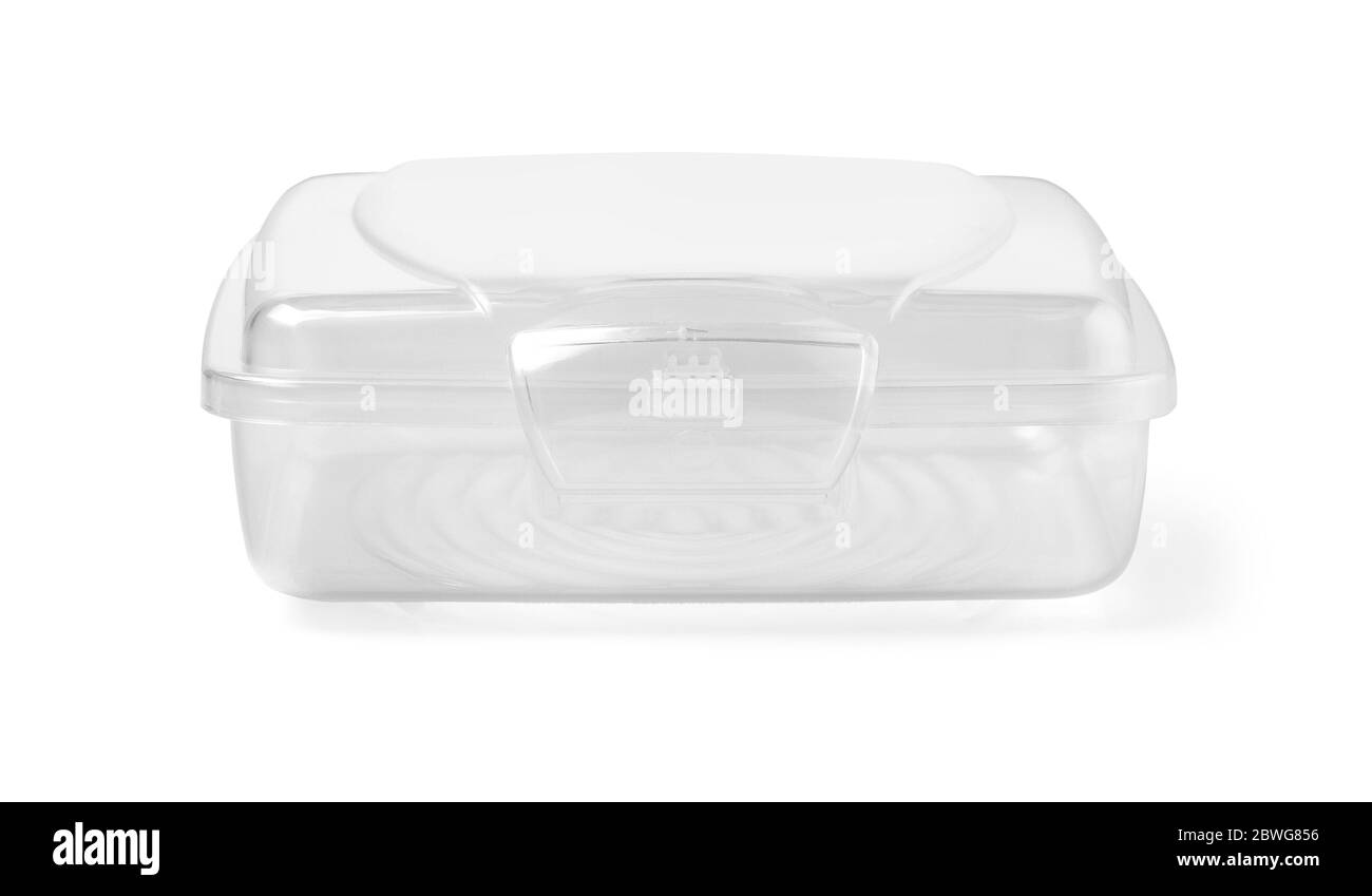 Kunststoff-Lebensmittelbox isoliert auf weißem Hintergrund mit Beschneidungspfad Stockfoto