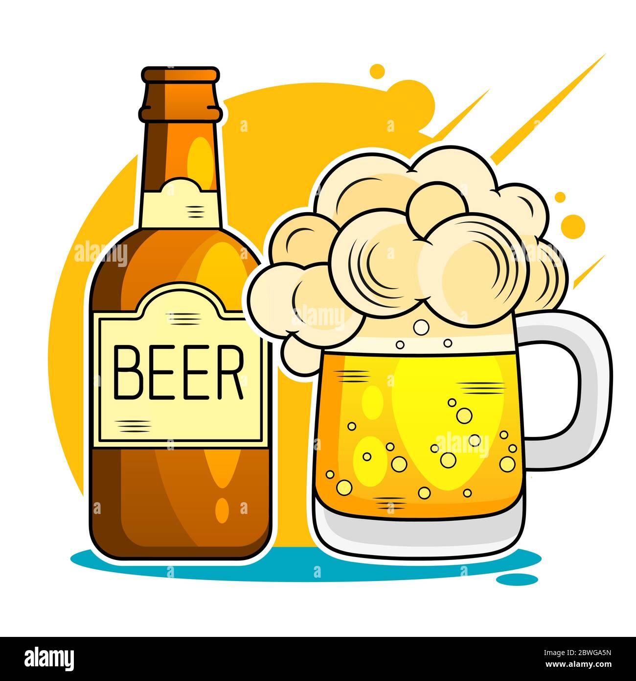 Bierfest. Zwei Hände halten die Bierflasche und das Bierglas. Vektorgrafik Stock Vektor