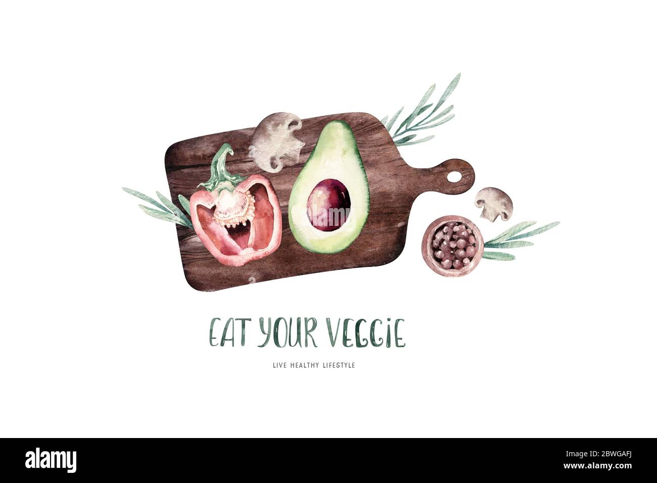 Gemüse gesunde Bio Aquarell Holz Schneidebrett mit Paprika, Lauch, Zwiebeln und Avocado Vitamin Rosmarin Illustration. Isolierter Salat Stockfoto