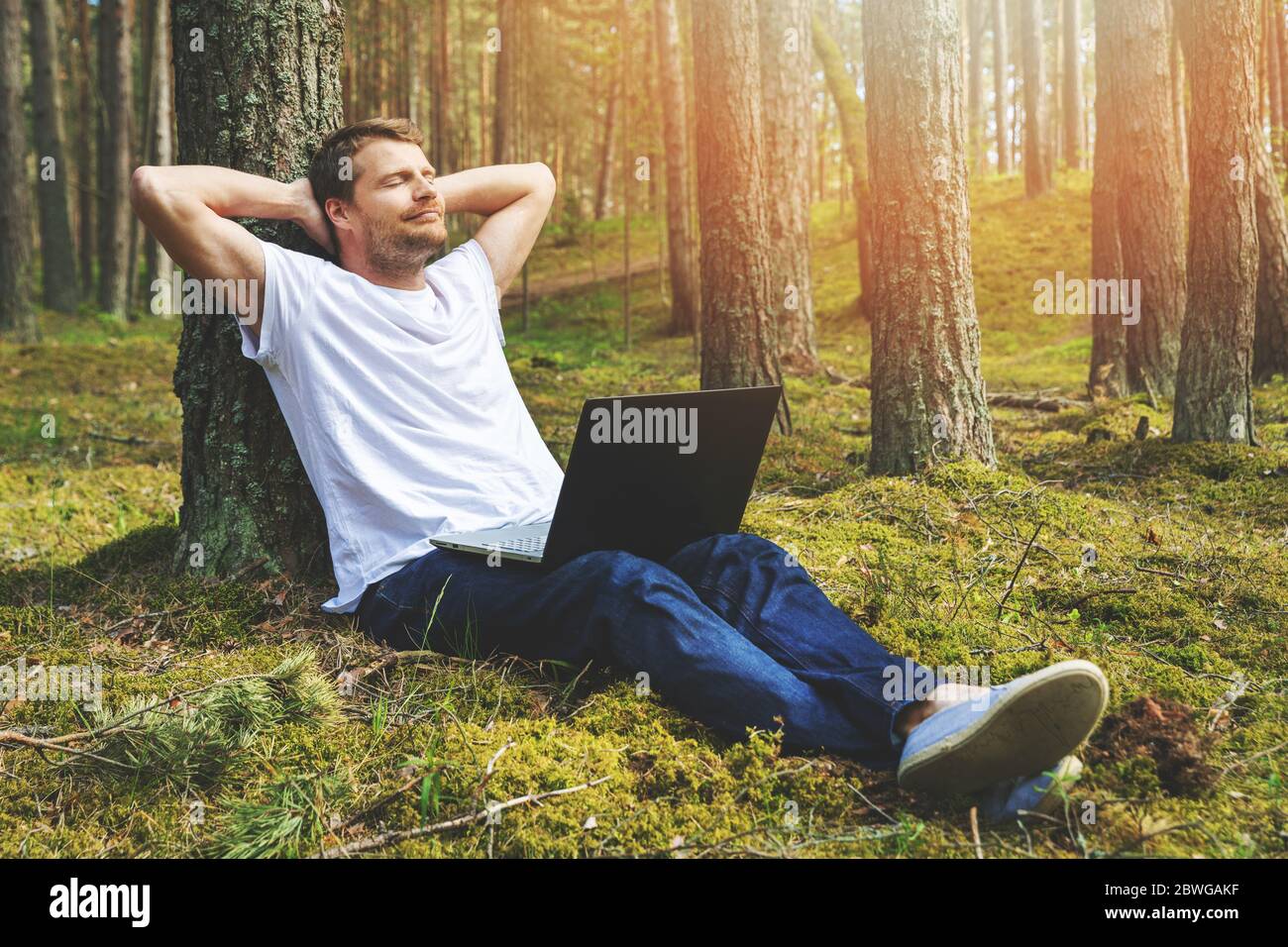 Junger Mann mit Laptop, der sich an den Baum lehnt und im Park entspannt Stockfoto