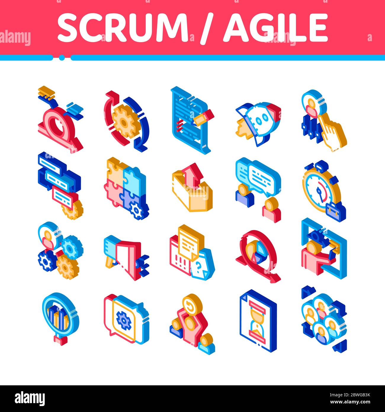 Scrum Agile Isometrische Symbole Set Vector Stock Vektor