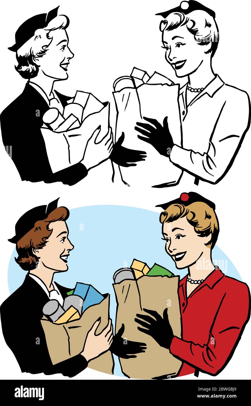 Ein Vintage Retro-Cartoon von zwei Frauen reden, während sie Papiertüten mit Lebensmitteln halten. Stock Vektor