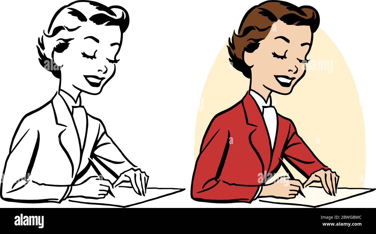 Ein Vintage Retro-Cartoon einer Frau, die einen Brief schreibt. Stock Vektor
