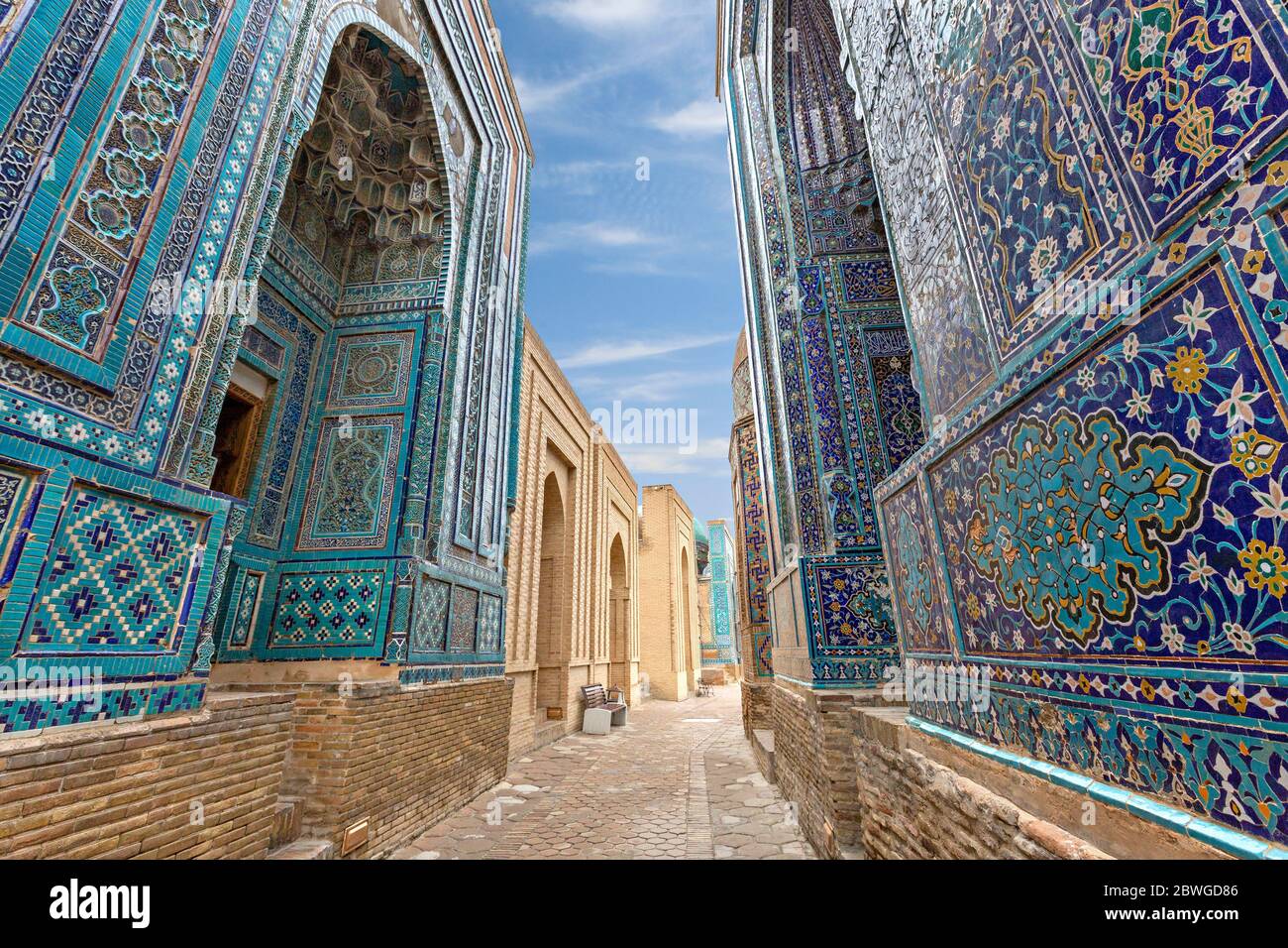 Historische Nekropole und Mausoleen von Shakhi Zinda, Samarkand, Usbekistan Stockfoto