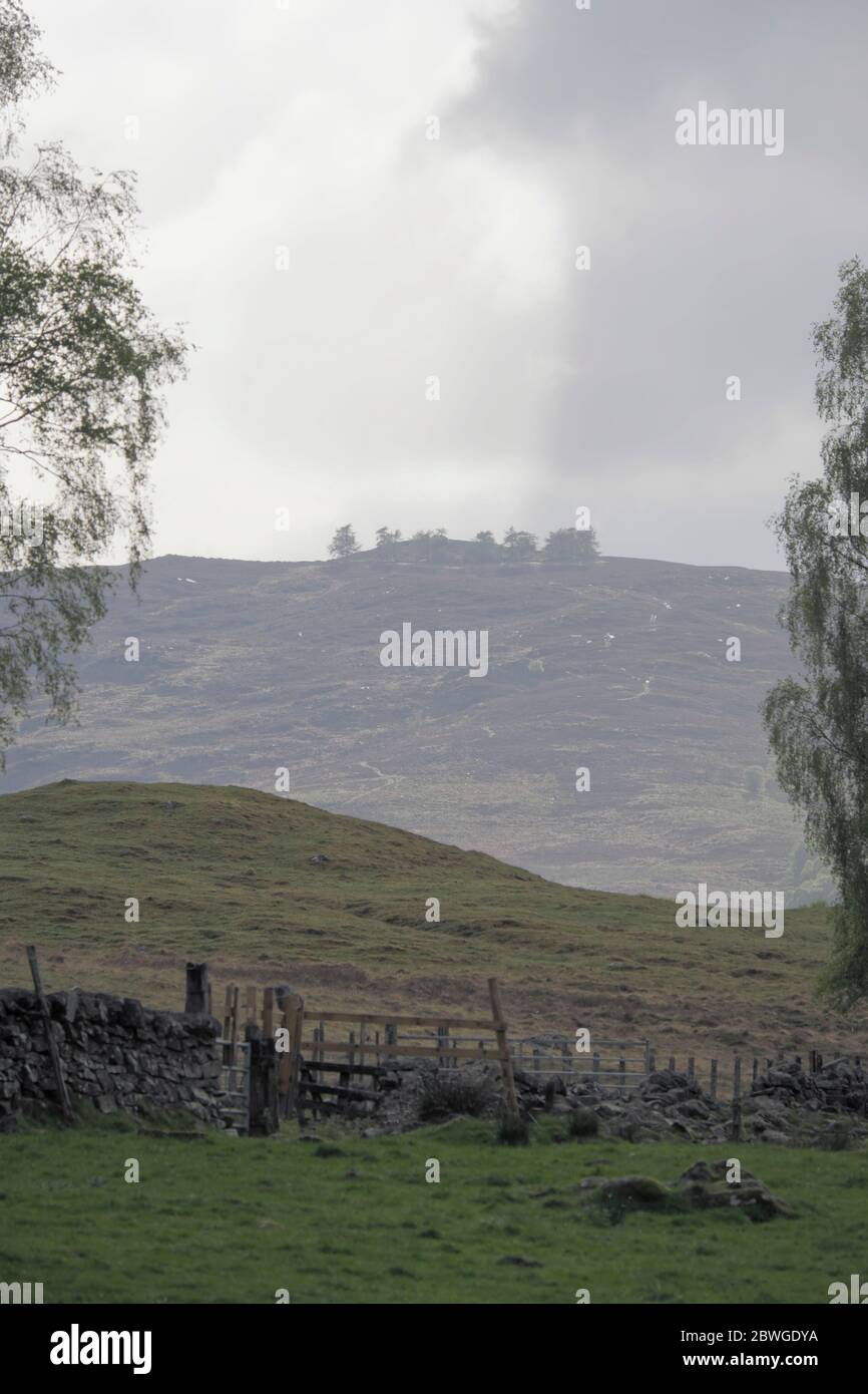 Aufnahme mit Blick auf Struan Point in der Nähe von Calvine, Northern Perthshire Scotland UK. Der mittlere Vordergrund wird durch einen Hitzebahn behindert. Stockfoto Aufnahme mit Blick auf Struan Point in der Nähe von Calvine, Northern Perthshire Scotland UK. Der mittlere Vordergrund wird durch einen Hitzebahn behindert. Stockfoto