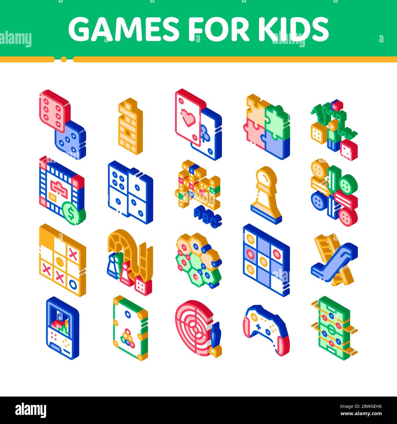 Interaktive Kinder Spiele Vektor Isometrische Symbole Set Stock Vektor