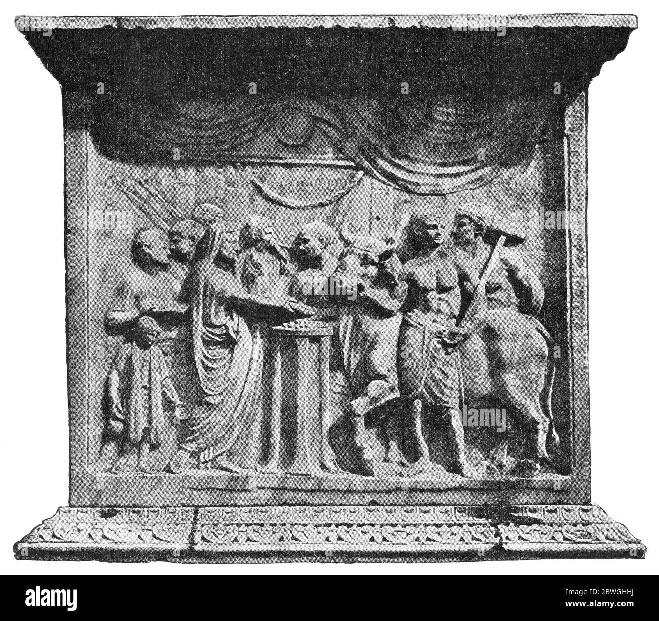 Bas-Relief aus der antiken römischen Stadt Pompeji, Italien. Illustration des 19. Jahrhunderts. Weißer Hintergrund. Stockfoto
