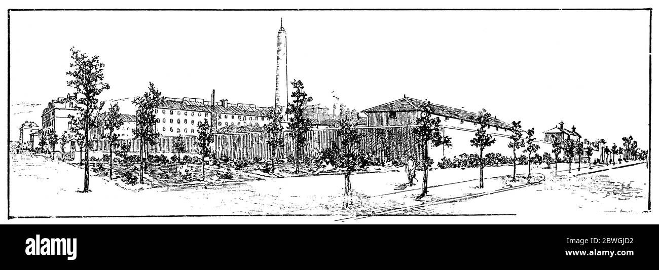 Das Gefängnis Fresnes befindet sich in der Stadt Val-de-Marne im Süden von Paris, Frankreich. Illustration des 19. Jahrhunderts. Weißer Hintergrund. Stockfoto