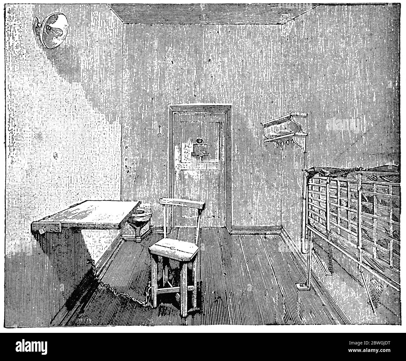 Einzelhaft-Gefängniszelle (1898). Illustration des 19. Jahrhunderts. Weißer Hintergrund. Stockfoto