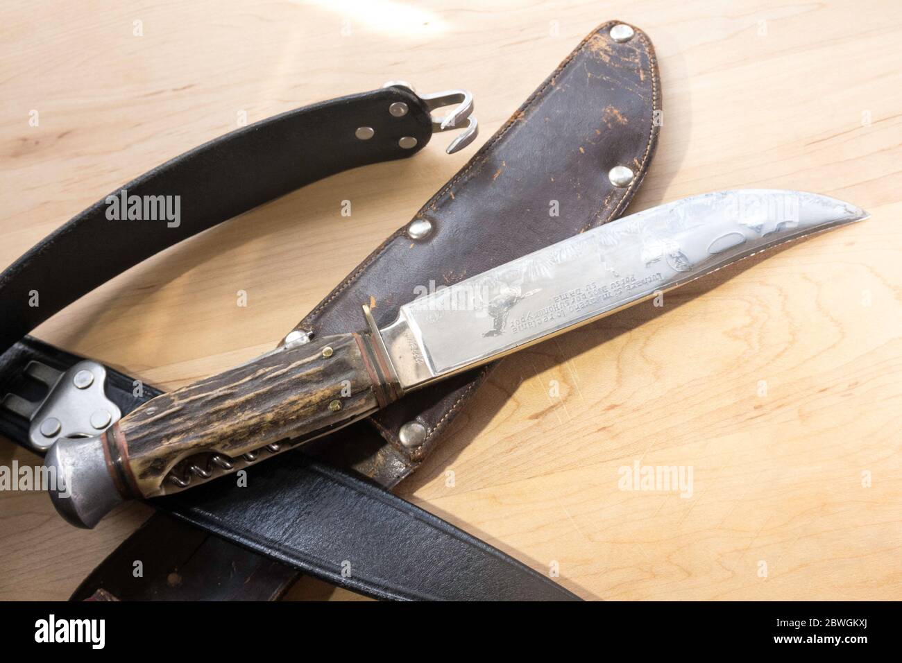 Stillleben von Vintage Hunting Knife, USA Stockfoto