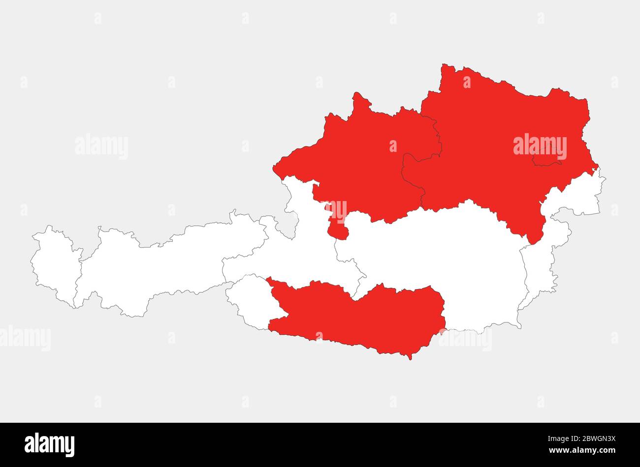 Karte von Österreich in den Farben der Flagge mit Verwaltungsdivisionen leer Stockfoto