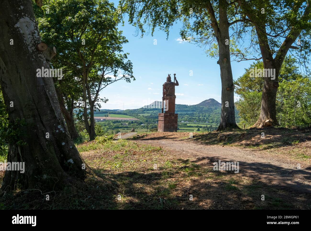 Die William Wallace Statue auf dem Gelände des Bemersyde Landgutes, nahe Melrose in den schottischen Grenzen ist eine Statue, die an William Wallace erinnert. Stockfoto