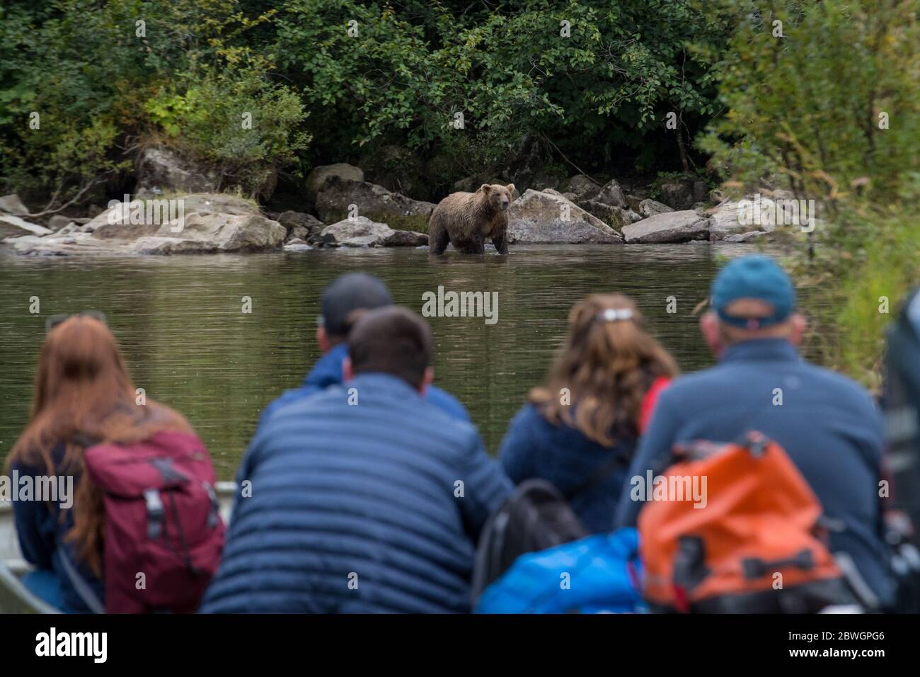 Eine Gruppe von Touristen kann sich von einem Boot aus auf dem Crescent Lake im Lake Clark NP, Alaska, USA, ansehen Stockfoto