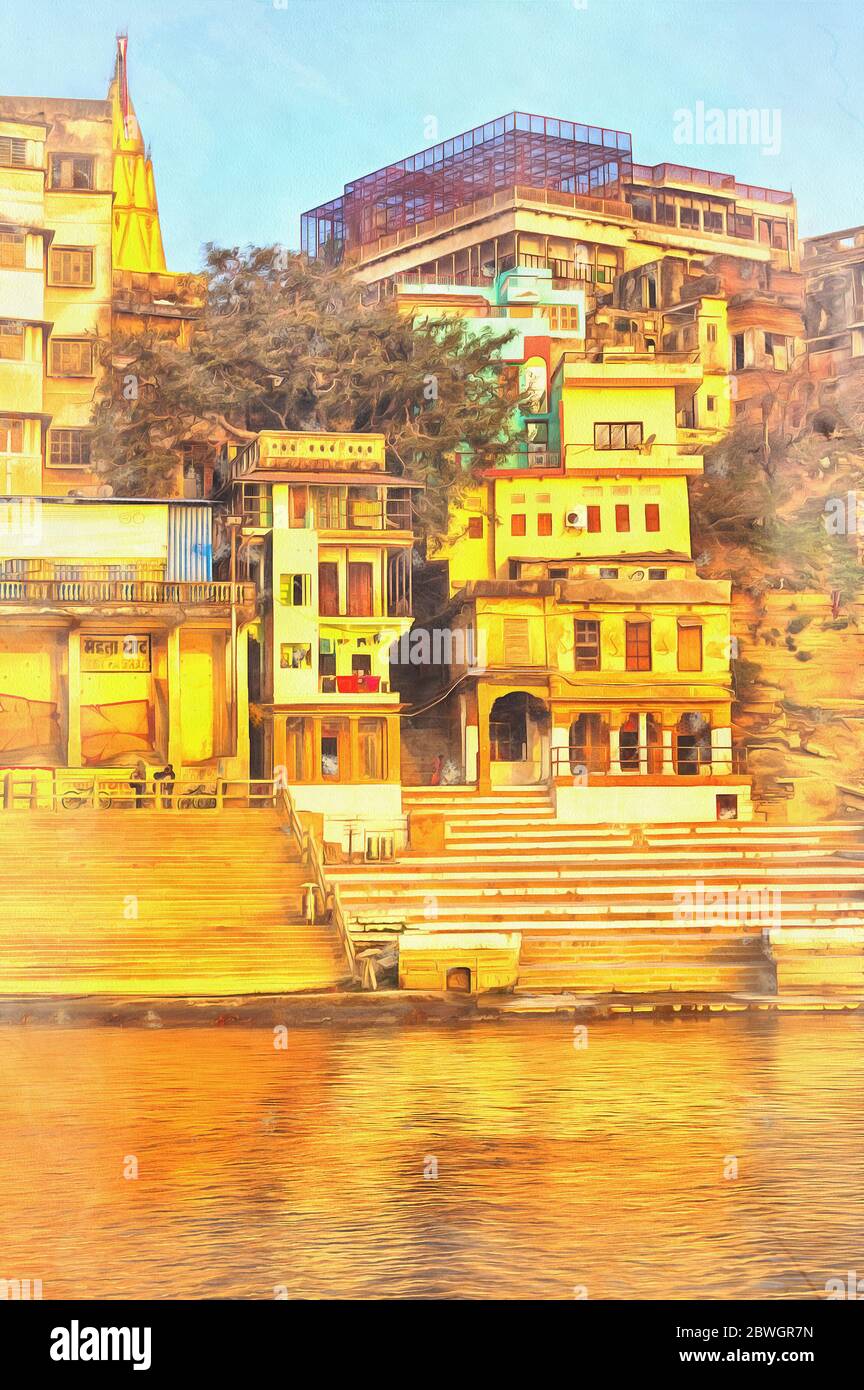 Stadtbild von Ganges Bunte Malerei, Varanasi, Uttar Pradesh, Indien Stockfoto