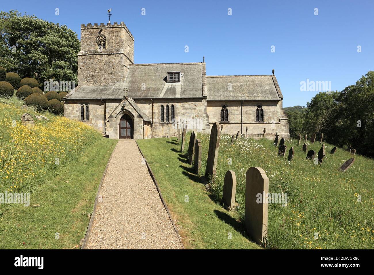 Wildblumen wachsen auf dem schönen Gelände der alten englischen Kirche in Kirby Underdale in den Yorkshire Wolds. Stockfoto