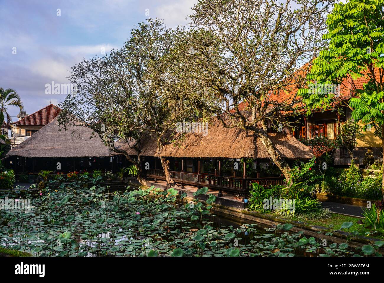 Leeres Café und Teich mit Lotos in der Nähe des Pura Taman Kemuda Saraswati Tempels in Ubud, Bali Insel, Indonesien Stockfoto