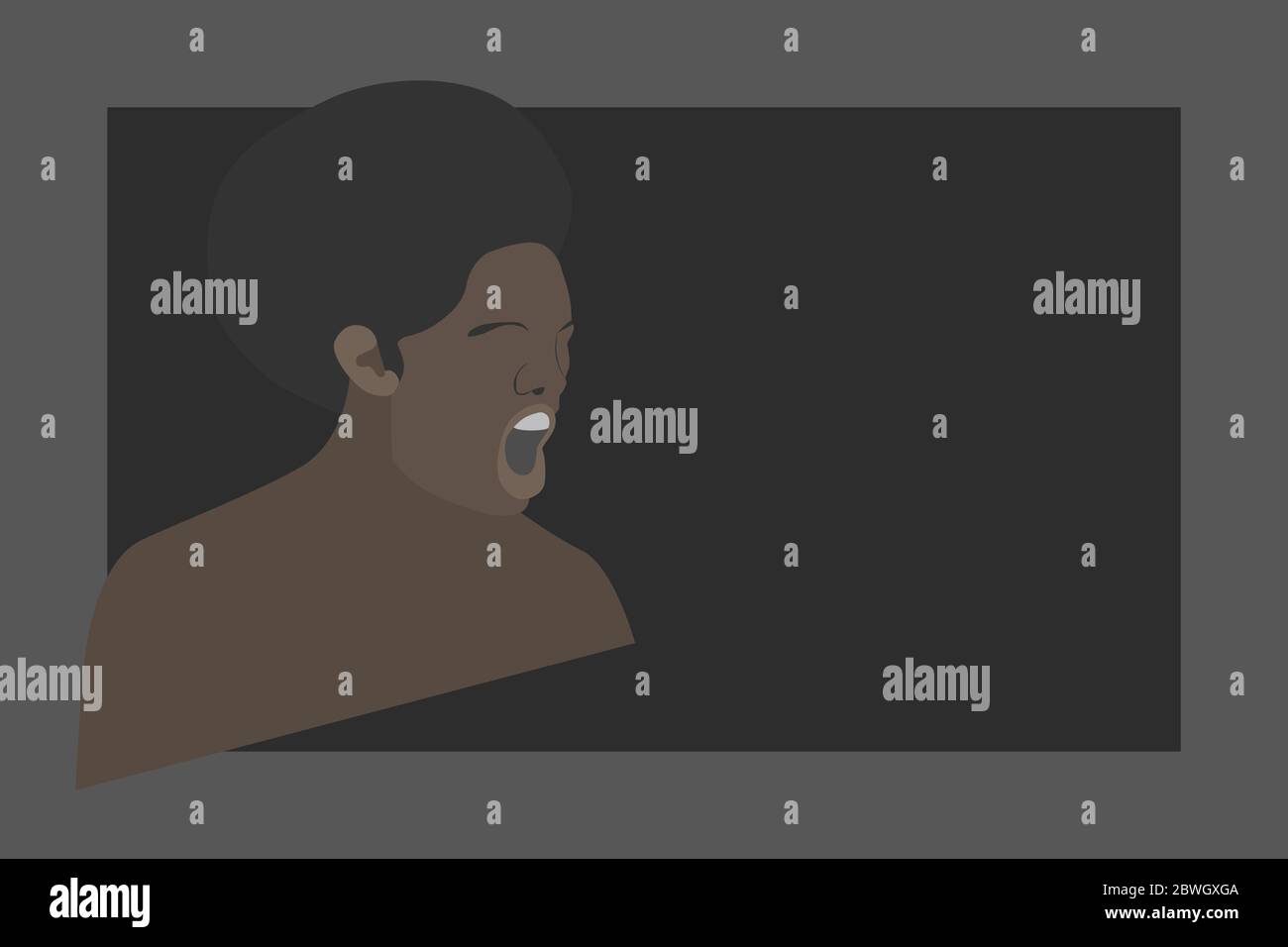 Bild mit Kopierraum. Dunkle Haut Männer Mann schreiend, Protest. Afrikanische Rasse und ihre Rechte. Die Emotionen des Zorns. Stock Vektor