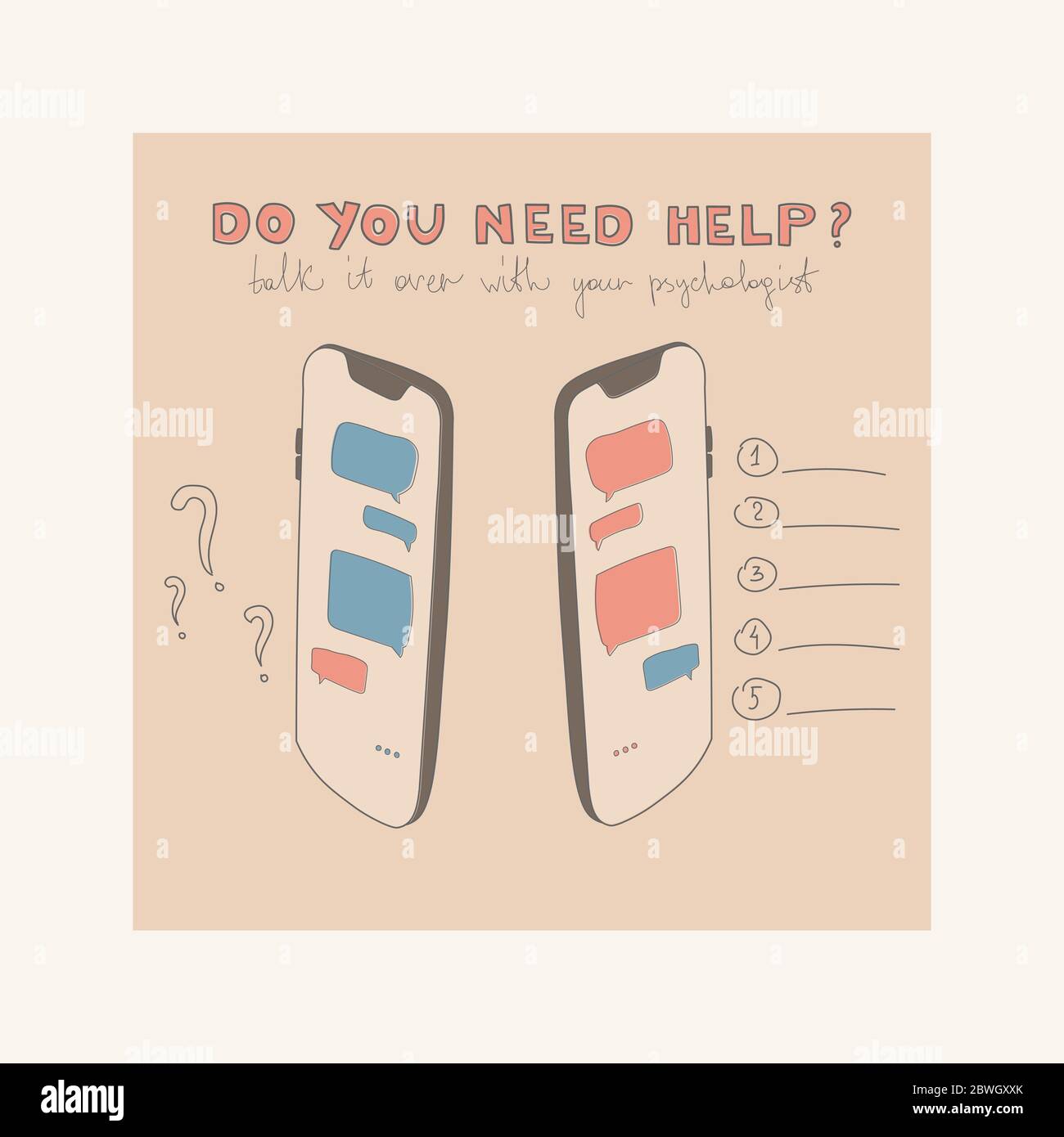 Psychische Gesundheit. Psychologische Hilfe Online-Beratung Konzept. Zwei Smartphones mit Symbolen verschiedener Probleme und Lösungen. Stock Vektor