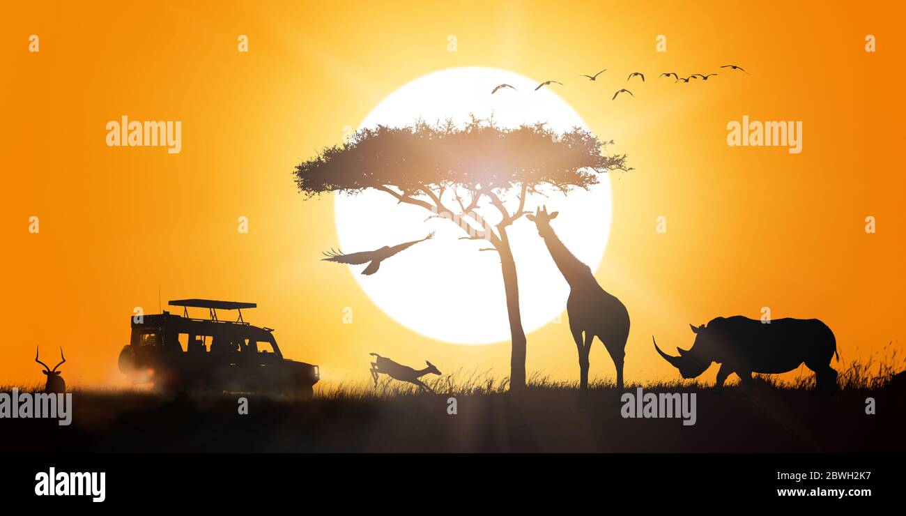 Afrikanische Safari Sonnenuntergang Silhouette Szene mit Spiel fahren Fahrzeug und Wildtiere Stockfoto