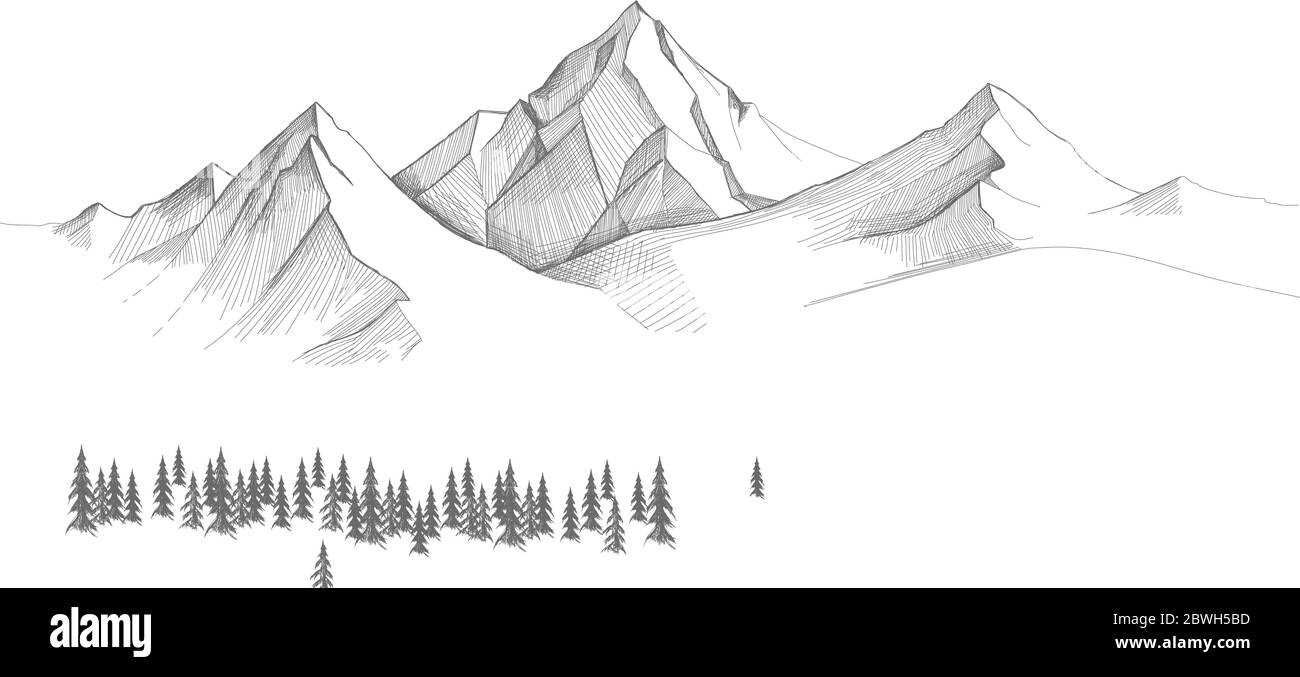 Berglandschaft, Waldkiefern Skizze. Handgezeichnete Vektorgrafik. Stock Vektor