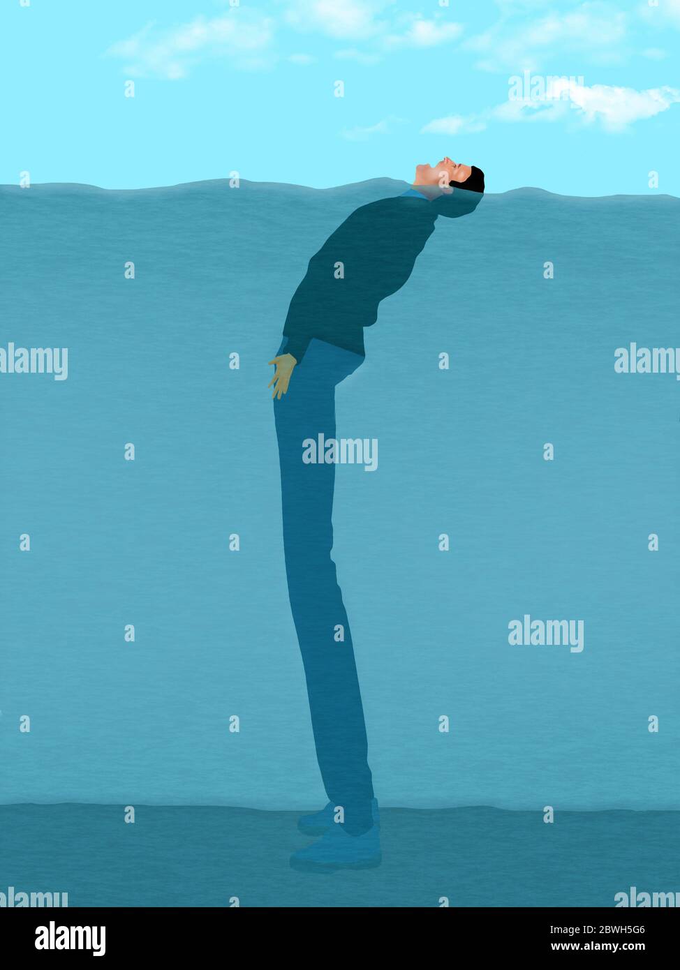 Ein Mann hat lange Beine, die ihm erlauben, seinen finanziellen Kopf über Wasser zu halten. Stockfoto