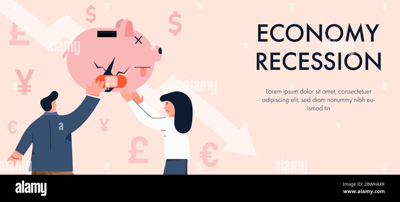 Konzept Wirtschaft Rezession Vektor Illustration mit Mann und Frau Reparatur gebrochen Sparschwein. Stock Vektor