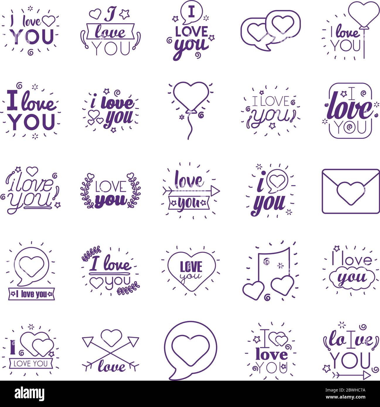 Ich liebe dich Texte Linienstil Symbol Set Vektor-Design Stock Vektor