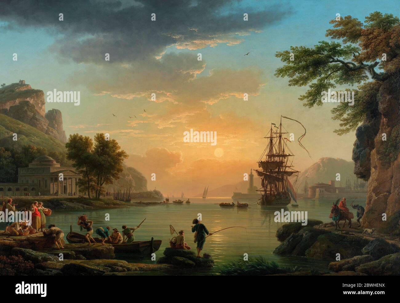 Eine Landschaft bei Sonnenuntergang mit Fischern, die mit ihrem Fang zurückkehren - Joseph Vernet, 1773 Stockfoto