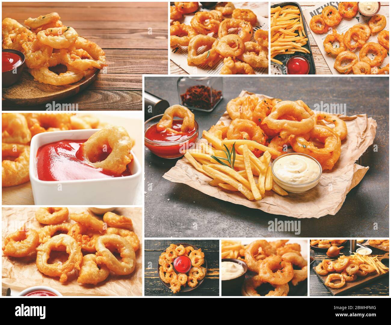 Collage aus Fotos mit leckeren Zwiebelringen und Saucen Stockfoto