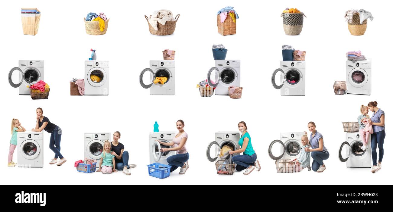 Set von modernen Waschmaschinen und Menschen auf weißem Hintergrund Stockfoto
