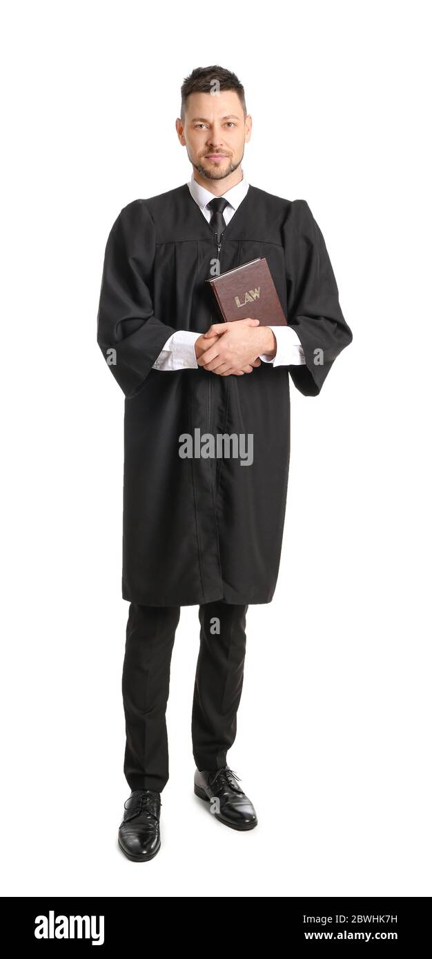 Männlicher Richter auf weißem Hintergrund Stockfoto