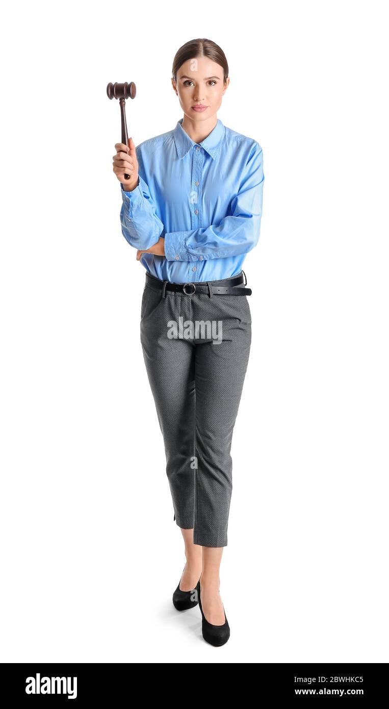 Richterin auf weißem Hintergrund Stockfoto