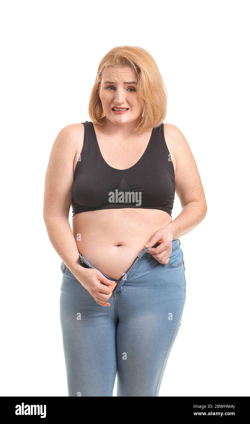 Bekümmerten übergewichtigen Frau auf weißem Hintergrund. Gewichtsverlust Konzept Stockfoto