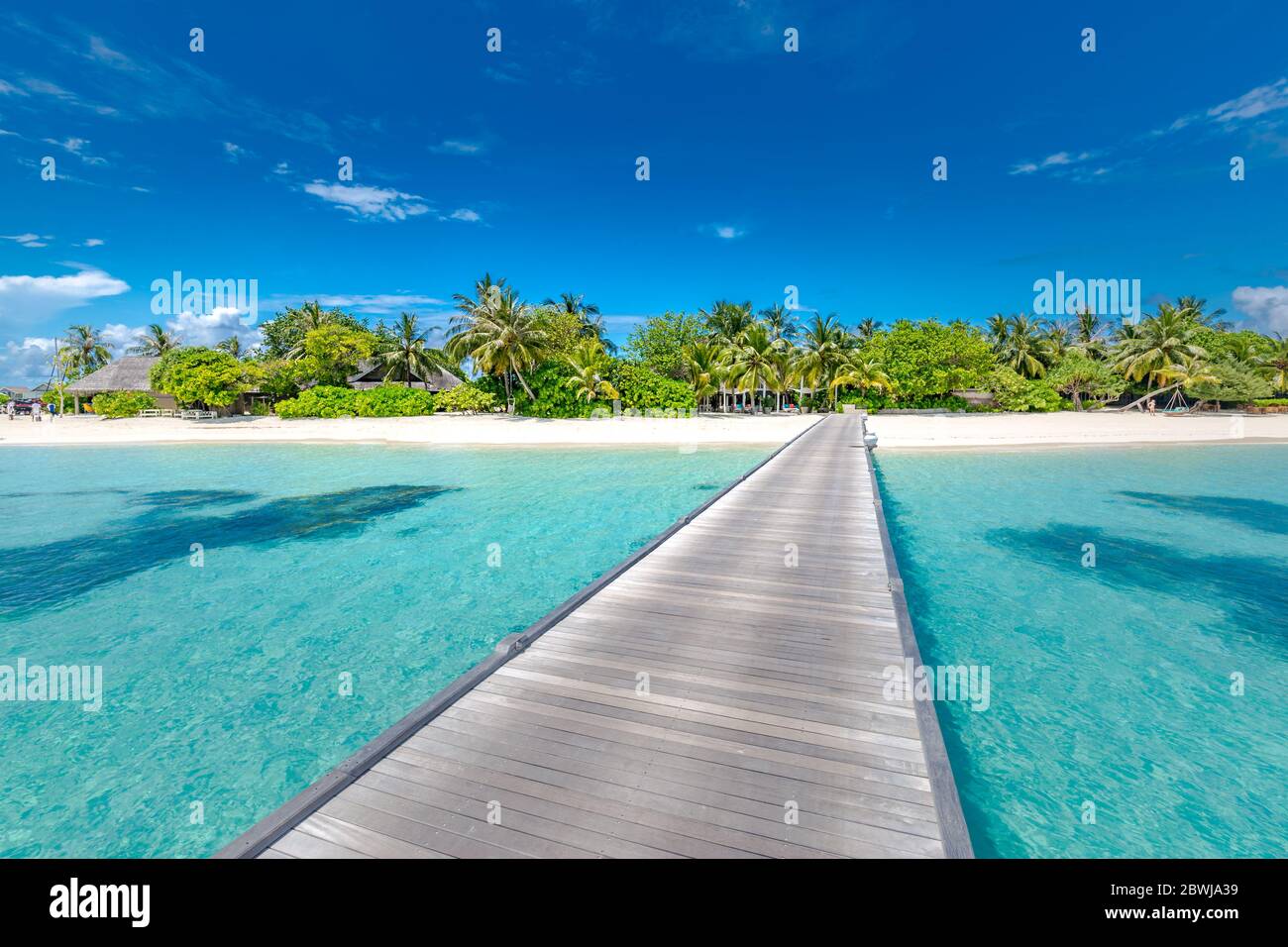Schöne tropische Malediven Insel mit Strandmeer und Kokospalme am blauen Himmel für Natur Urlaub Urlaub Hintergrund Konzept. Luxusreisen Stockfoto