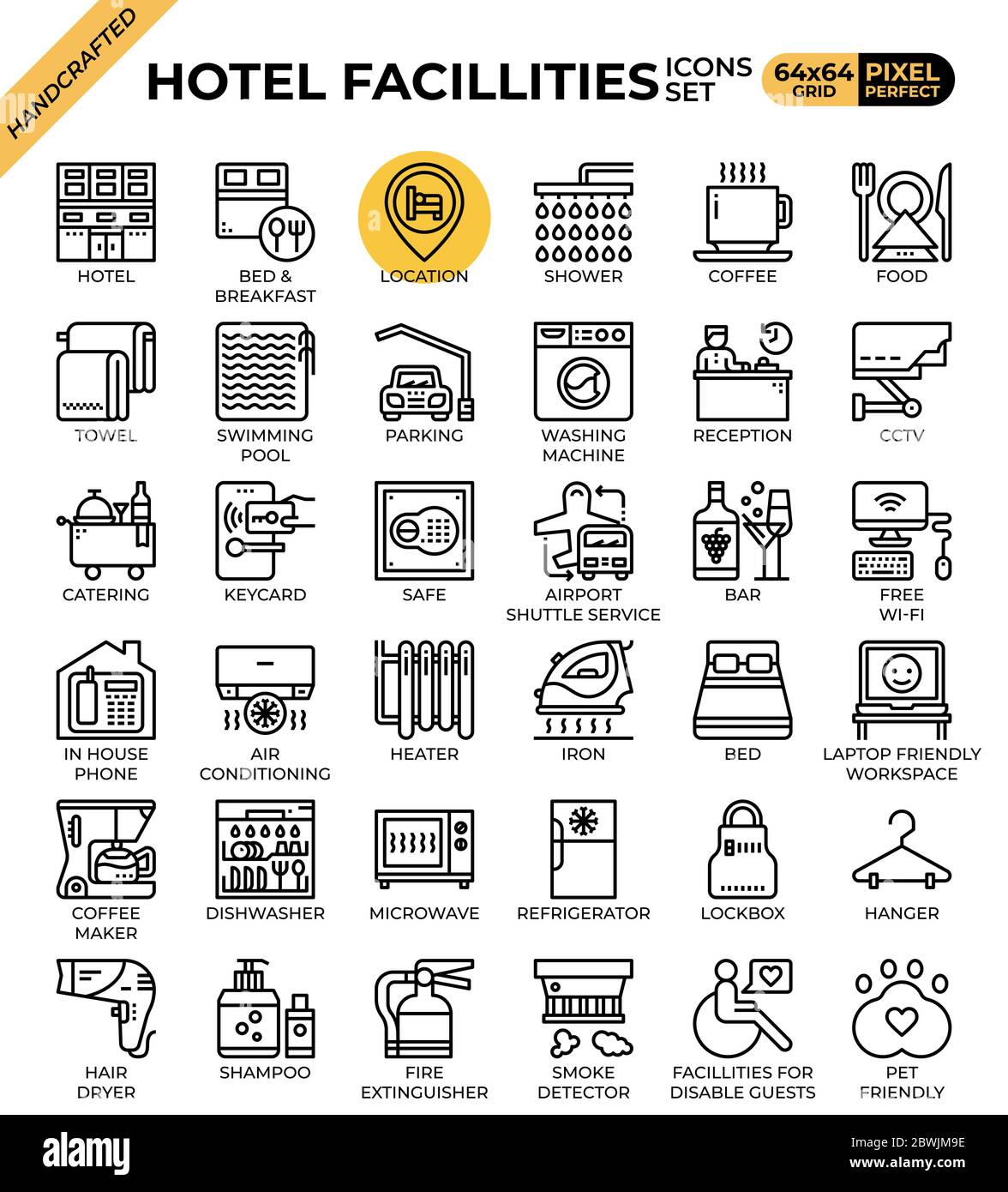 Hotel Facillities Konzept Icons in modernen Linie Icon Stil für ui, ux, Web, mobile App Design, etc. Gesetzt Stock Vektor