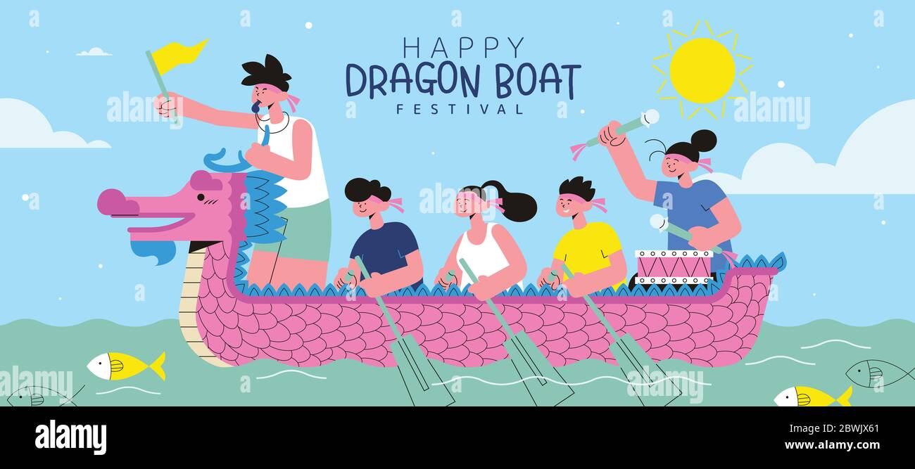 Dragon Boot Racing Team auf Fluss in rosa und türkis Farbe, Duanwu Festival Banner Illustration Stock Vektor