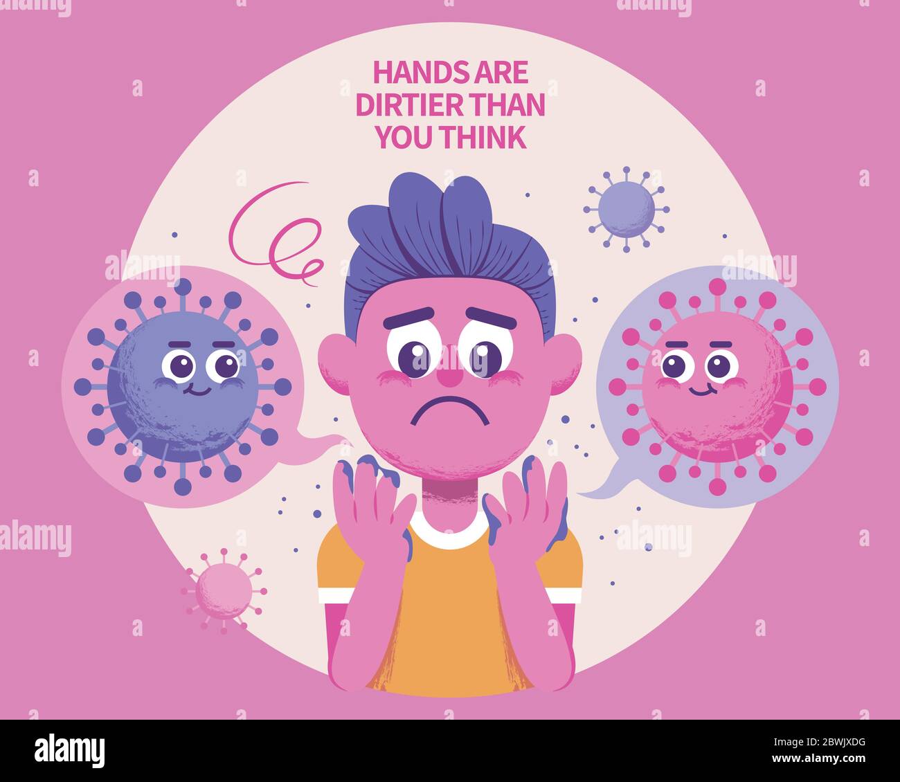 Junge Blick auf seine Hände ängstlich, COVID-19 Hygiene-Konzept Illustration in rosa und lila Ton Stock Vektor