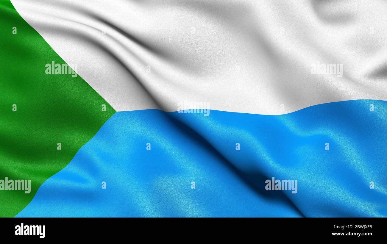 Flagge der Region Chabarowsk winkt im Wind. 3D-Darstellung. Stockfoto