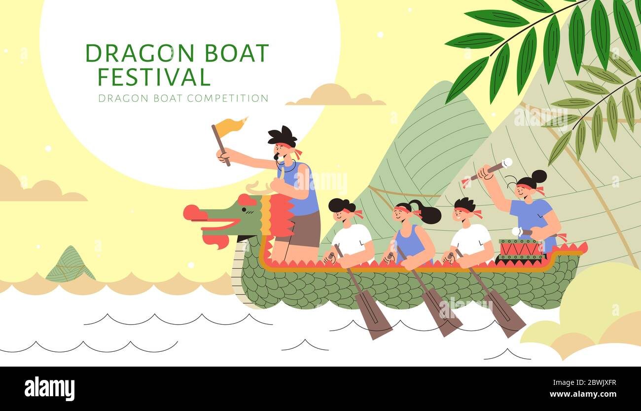 Dragon Boot Racing Team auf Fluss mit riesigen Reis Knödel Berg, Duanwu Festival Illustration Stock Vektor
