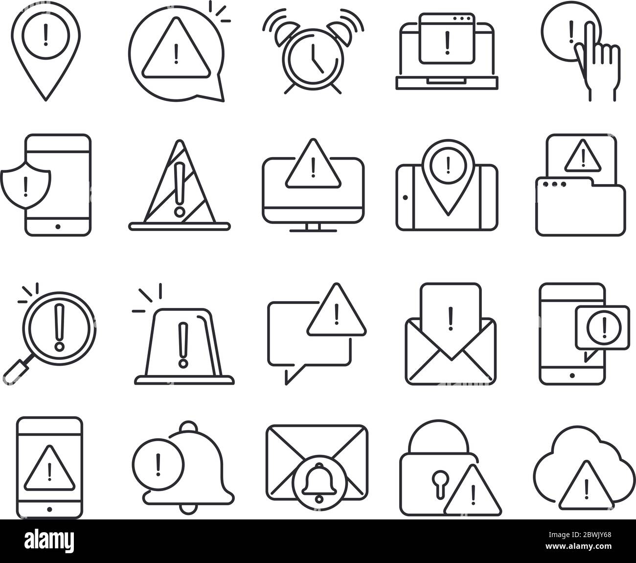 Warnung, Achtung Gefahr Ausrufezeichen Vorsichtshinweis, Linienstil-Design-Symbole setzen Vektorgrafik Stock Vektor