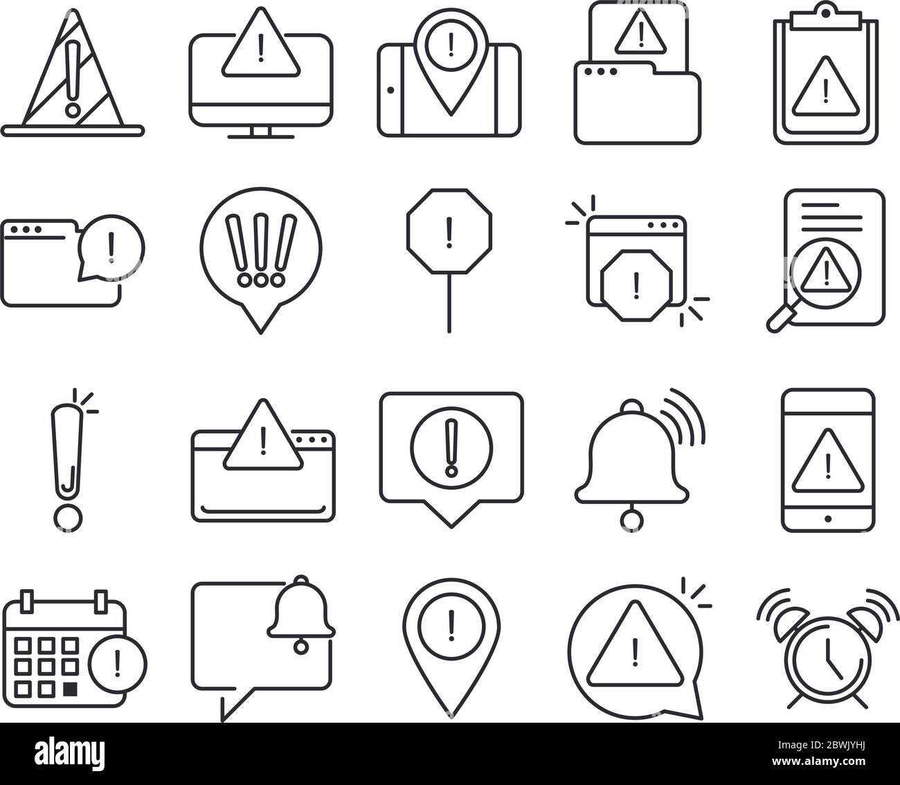 Warnung, Achtung Gefahr Ausrufezeichen Vorsichtshinweis, Linienstil-Design-Symbole setzen Vektorgrafik Stock Vektor